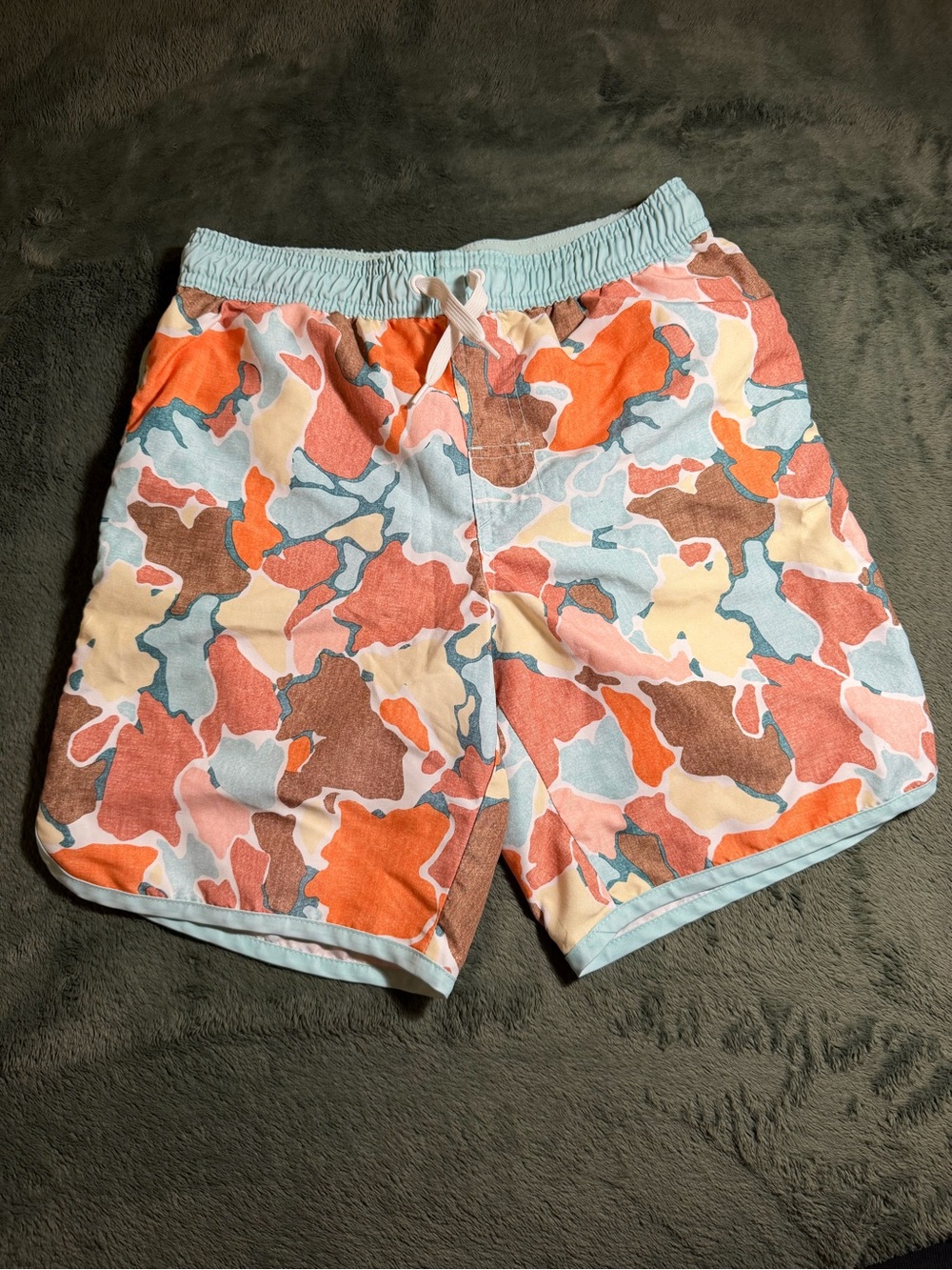 Multicolor Art Class Camo Swim Trunks — Orange, Light Blue, Brown (12/14)